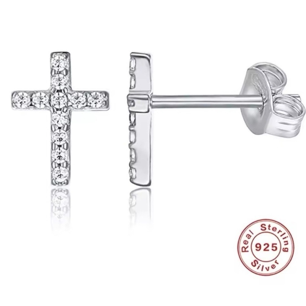 Cross Earrings 14k gold over 925 Silver‎ cubic zirconia Stud Religious Jewelry